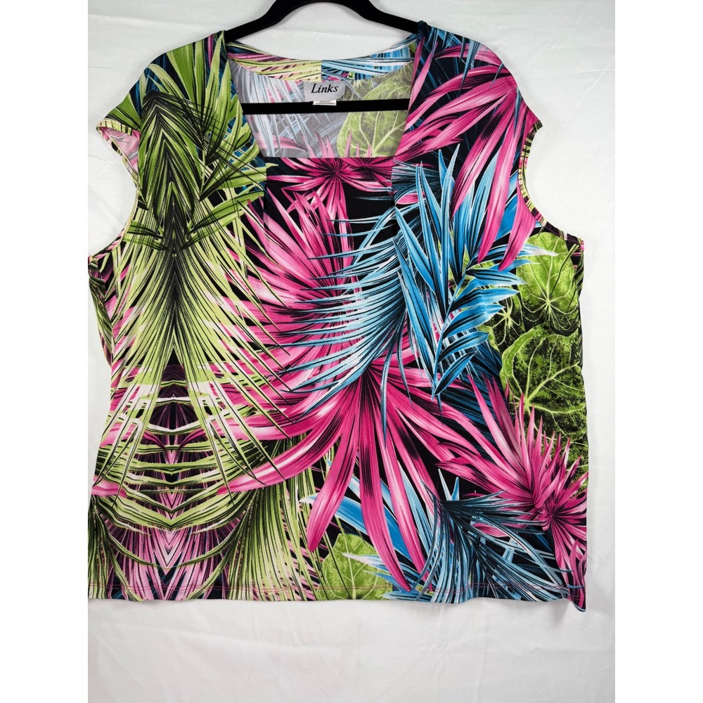 Links Wmns XL Tropical‎ Palm Leaf Square Neck Sleeveless Blouse Pink Blue cruise
